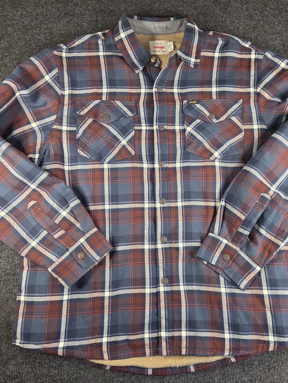 Wrangler Blue & Red Plaid Sherpa-Lined Flannel Shacket
